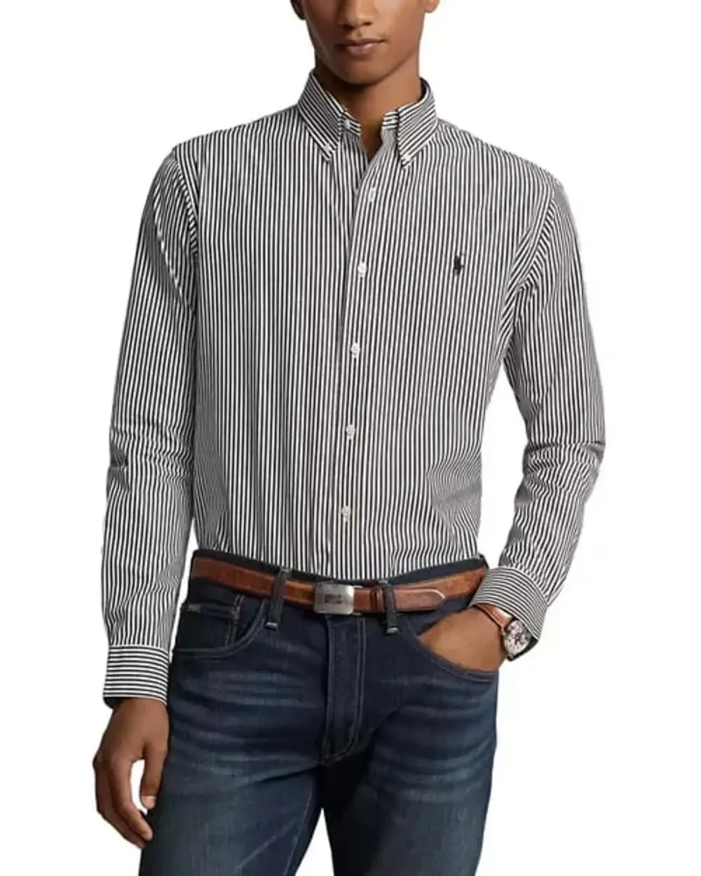 Ralph Lauren Black and White Striped Slim Fit Button Down Long Sleeve Shirt